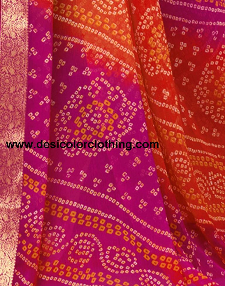 Pink And Orange Bandhani Saree
