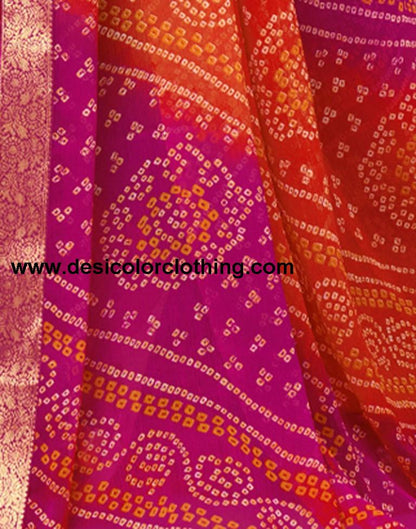 Pink And Orange Bandhani Saree
