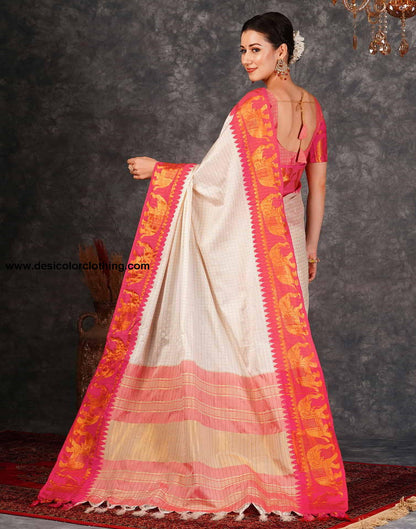 Cream Kanjivaram Silk Woven Saree