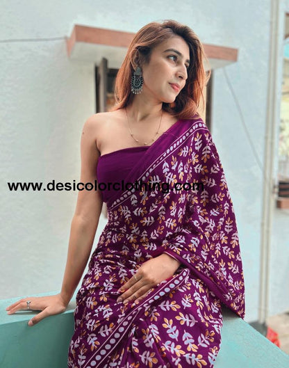Purple Printed Cotton Saree