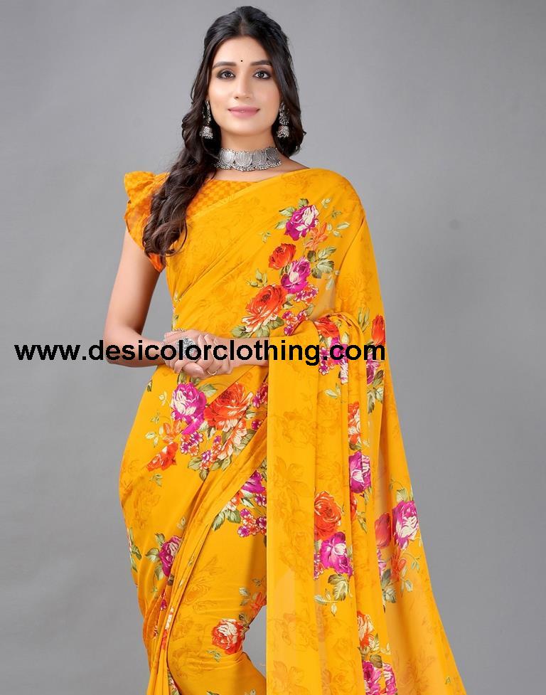 Yellow Printed Georgette Saree