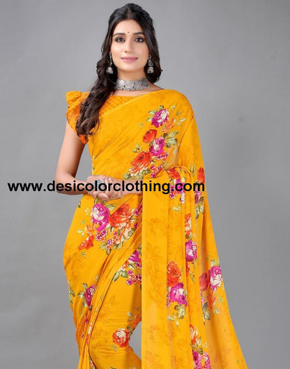 Yellow Printed Georgette Saree