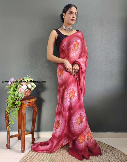 Peach Printed Georgette Pre-draped Saree