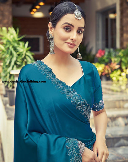 Dark Blue Satin Silk Saree with Stone Work Border & Matching Blouse