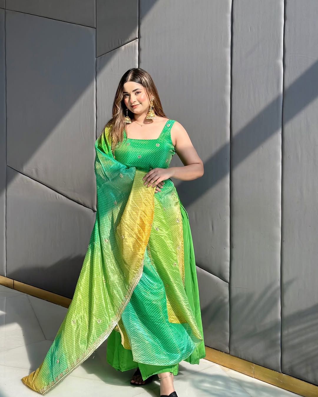Product Image - Elegant Green Bandhej Print Suit with Beadwork | Designer Festive Wear