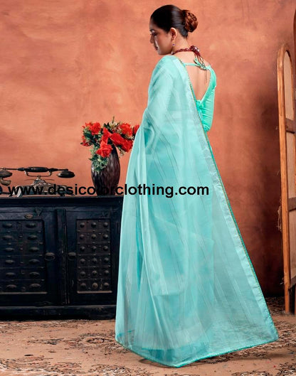 Sky Blue Orgenza Plain Saree