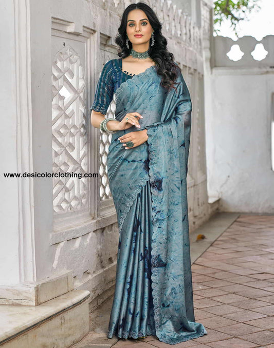 Blue Printed Georgette Stone Work Saree