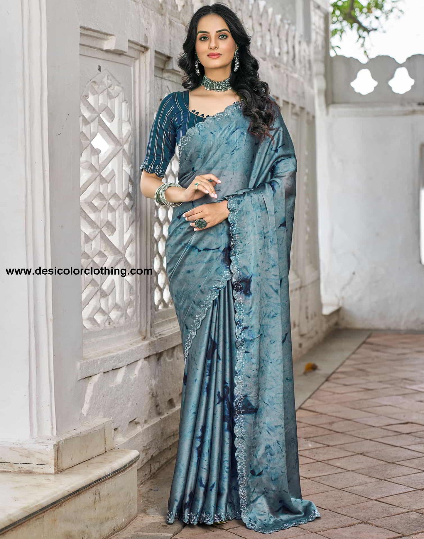 Blue Printed Georgette Stone Work Saree