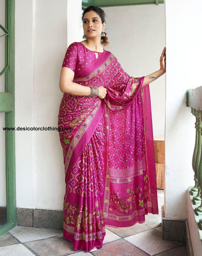 Rani Pink Printed Silk Saree