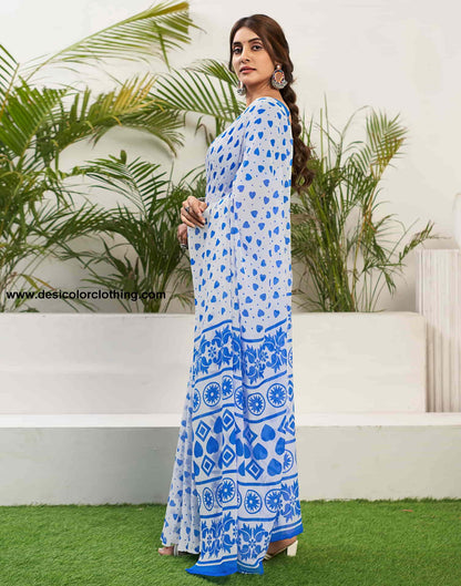 Dark Blue Chiffon Printed Saree