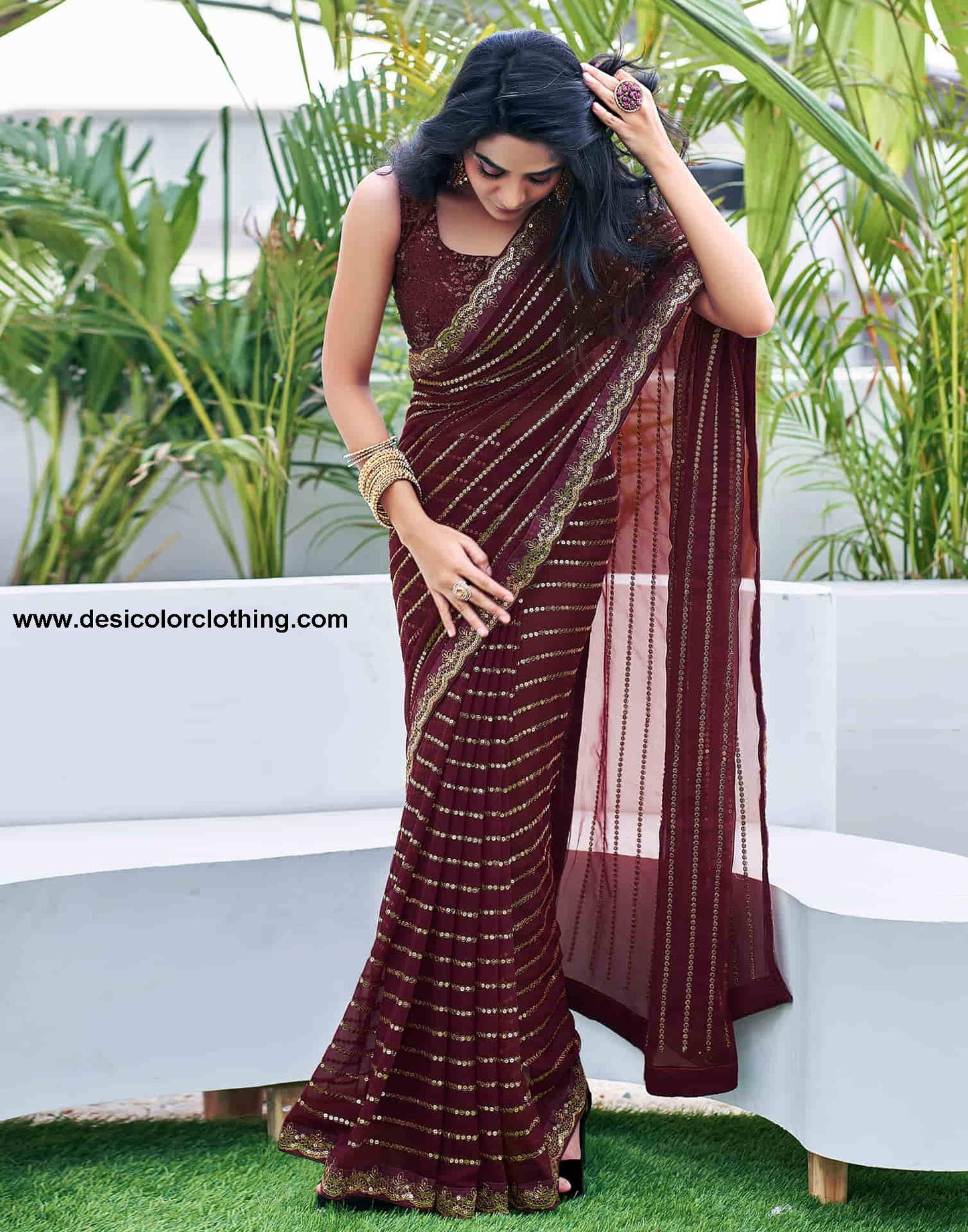 Brown Georgette Sequence Saree