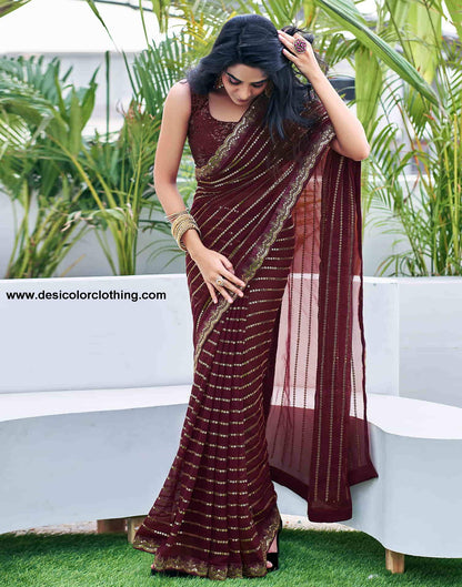 Brown Georgette Sequence Saree