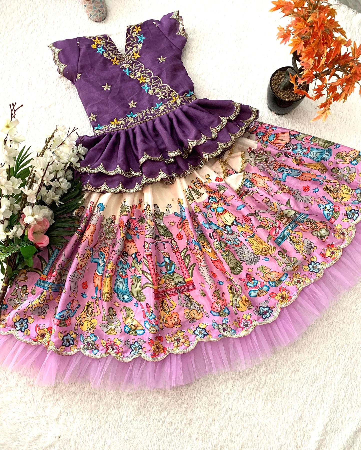 Product Image - Trending Kalam Kari Printed & Embroidered Lehenga Blouse for Kids