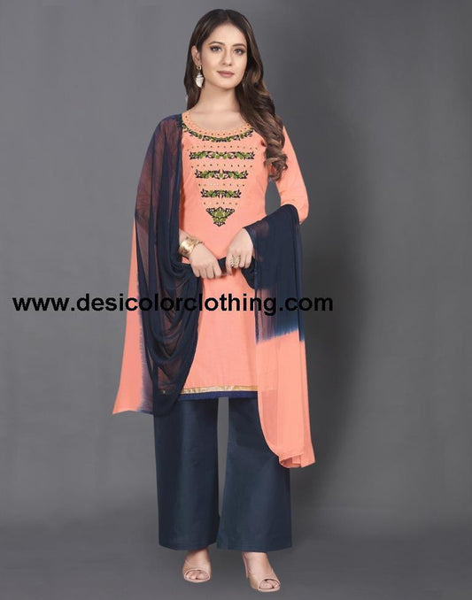 Peach Cotton Embroidered Unstitched Salwar Suit