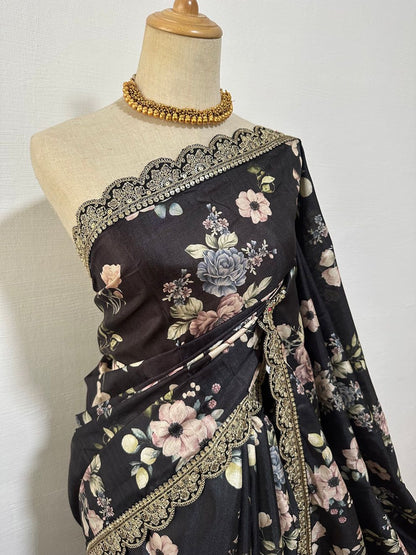 Product Image - Elegant Handloom Tussar Silk Digital Printed Saree with Embroidery