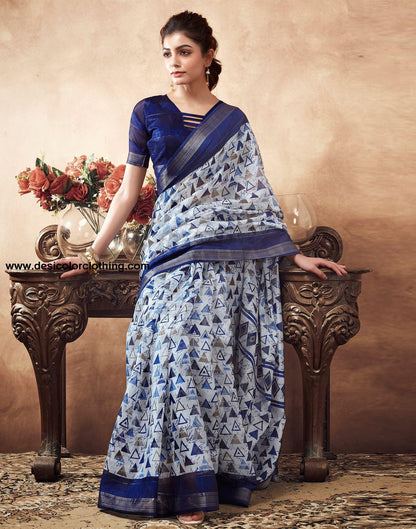 Blue Printed Cotton Saree