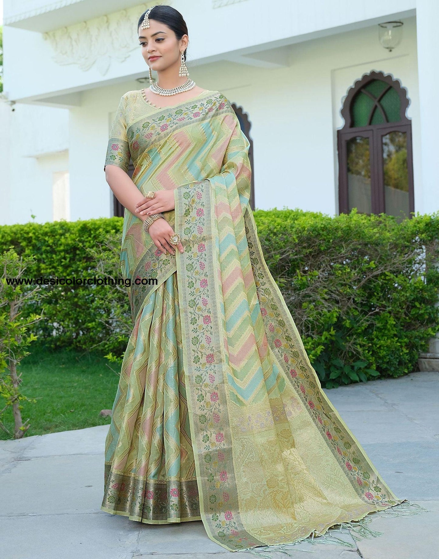 Pista Green Woven Banarasi Organza Saree