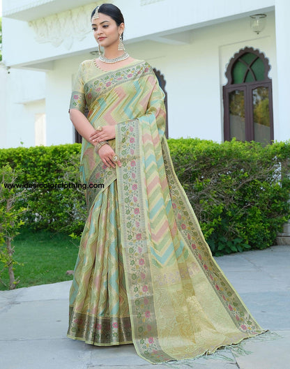 Pista Green Woven Banarasi Organza Saree