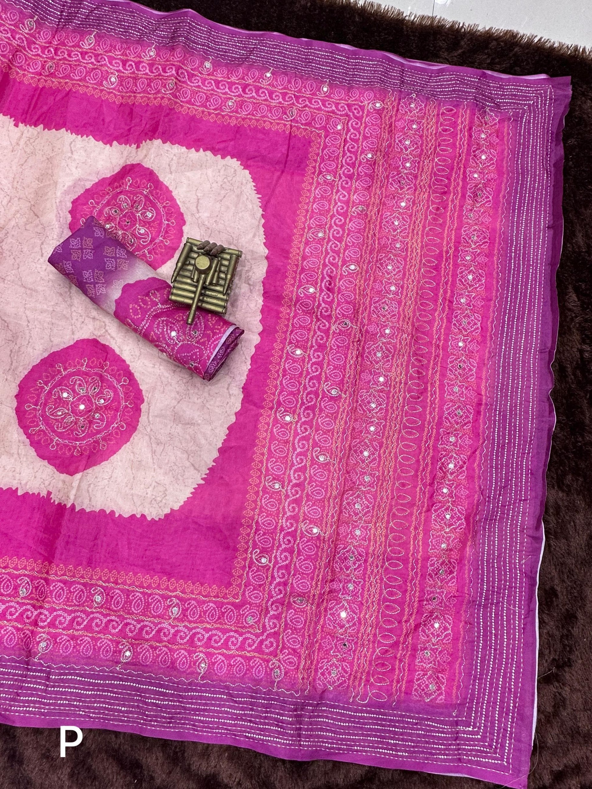 Product Image - Designer Rangeen Silk Saree with Hand Katha and Gotta Patti Work for Festive and Wedding Wear