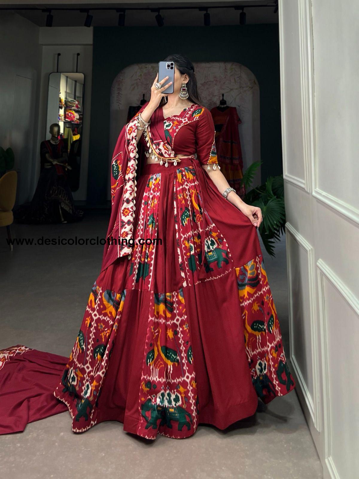 Rayon Printed Silk Lehenga Choli with Gota Patti and Cowrie Lace Detailing