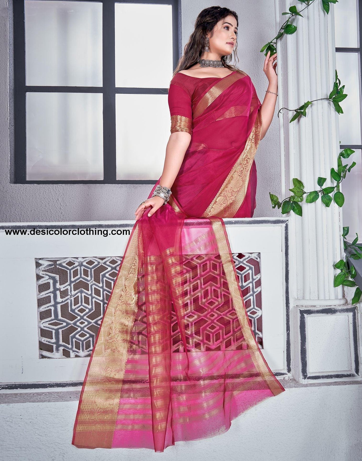 Rani Pink Plain Organza Saree
