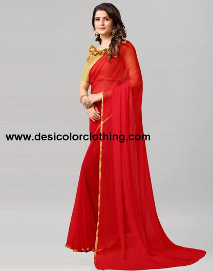 Red Plain Chiffon Saree