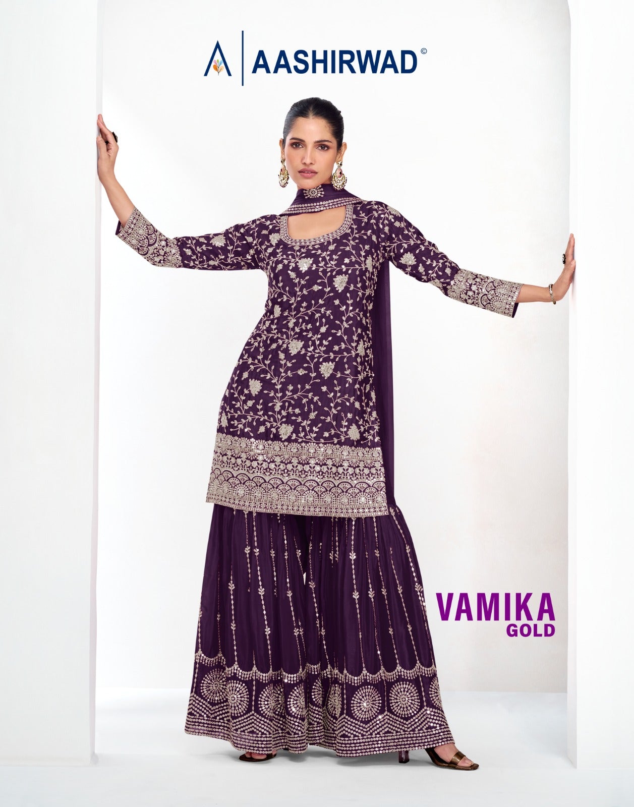 Product Image - Aashirwad Vamika Gold Chinon Designer Saree - Perfect for Weddings & Festive Wear
