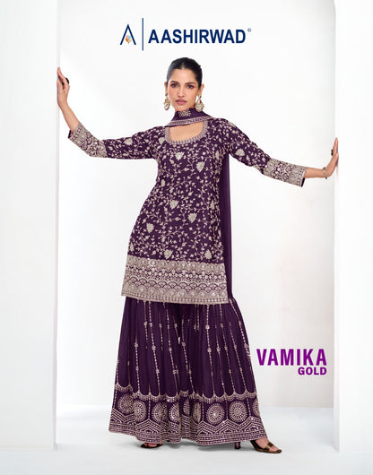 Product Image - Aashirwad Vamika Gold Chinon Designer Saree - Perfect for Weddings & Festive Wear