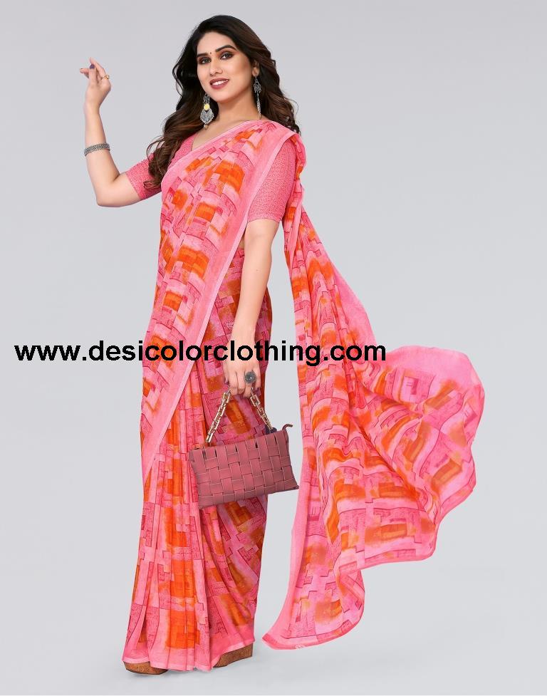 Rose Pink Printed Georgette Saree
