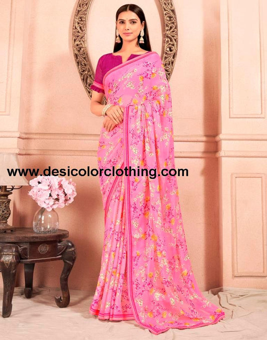 Pink Chiffon Printed Saree