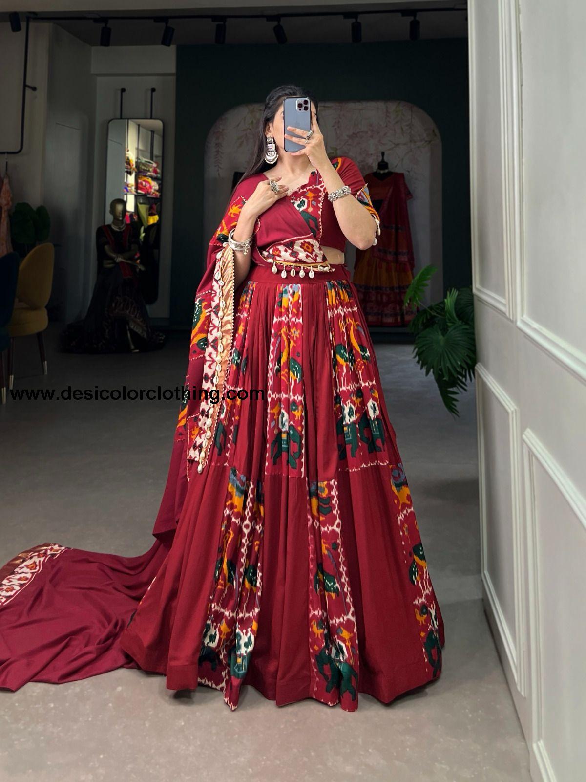 Rayon Printed Silk Lehenga Choli with Gota Patti and Cowrie Lace Detailing