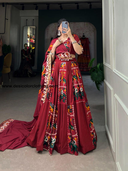 Rayon Printed Silk Lehenga Choli with Gota Patti and Cowrie Lace Detailing