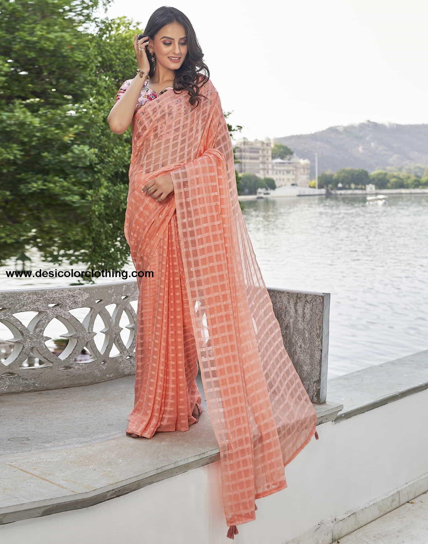 Peach Checkered Chiffon Woven Saree