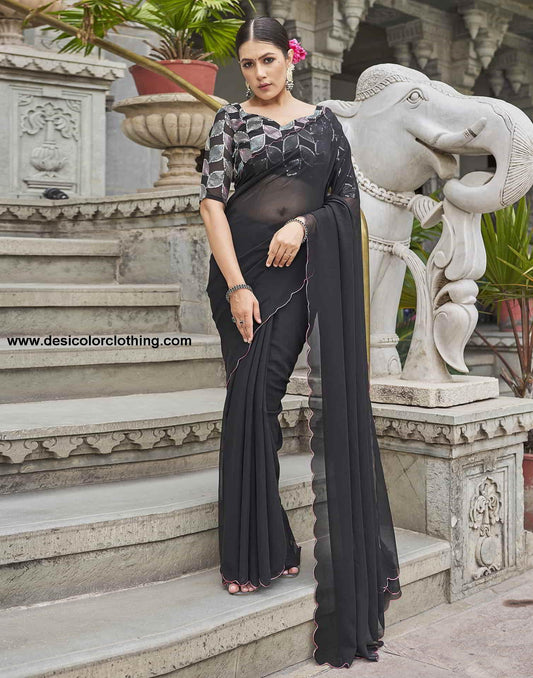 Black Plain Georgette Saree