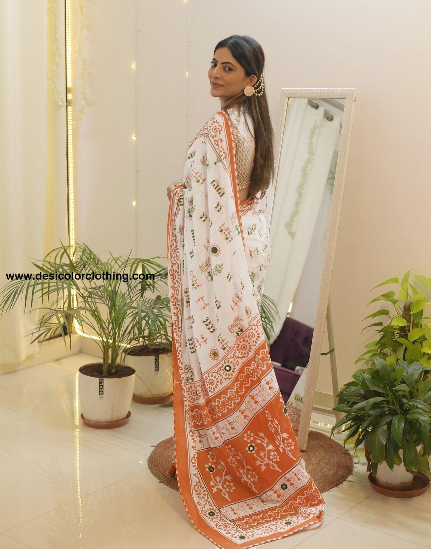 White Printed Cotton Pre-Draped Saree