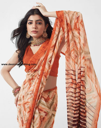 Rust Printed Georgette Saree