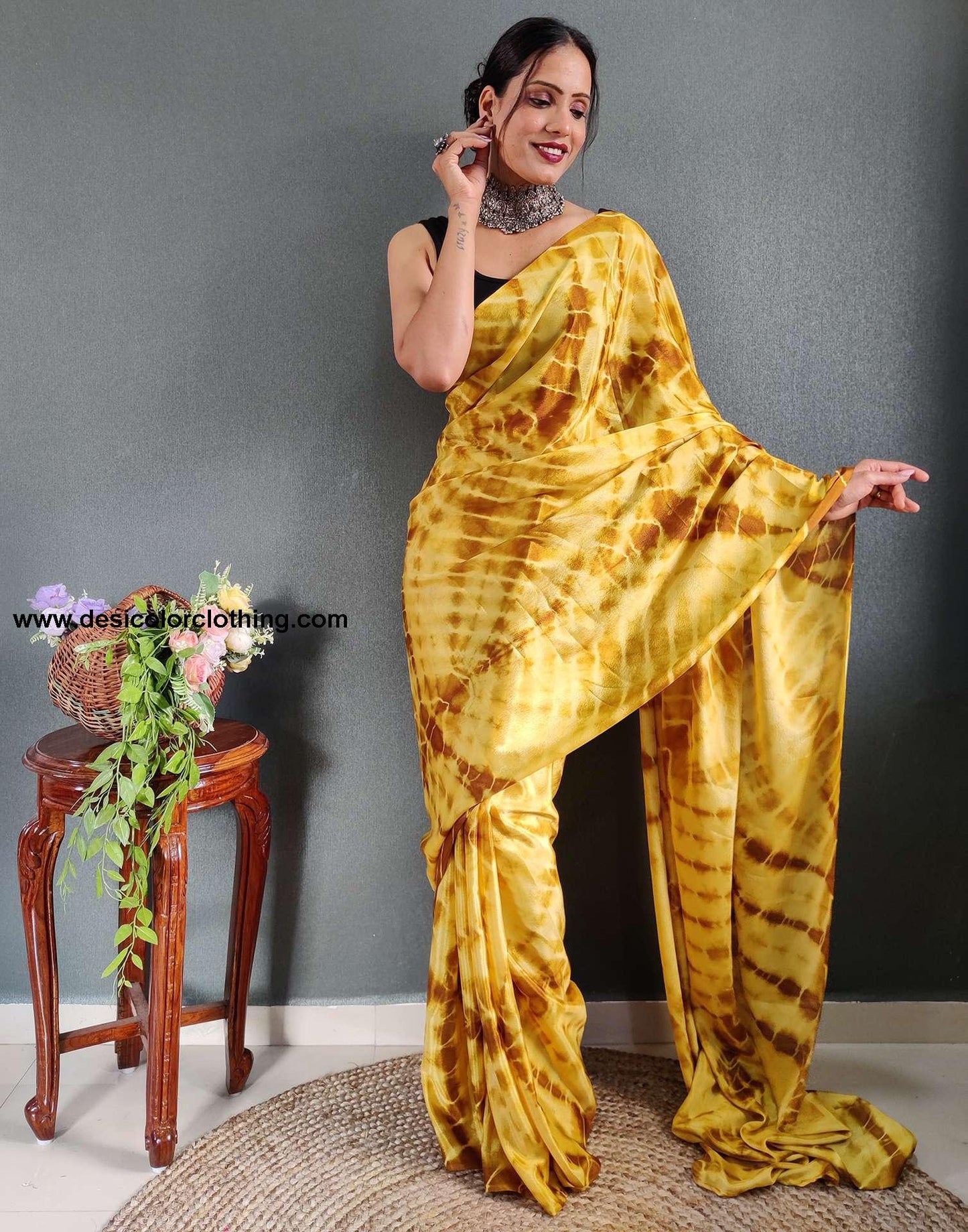 Yellow Printed Silk Pre-draped Saree