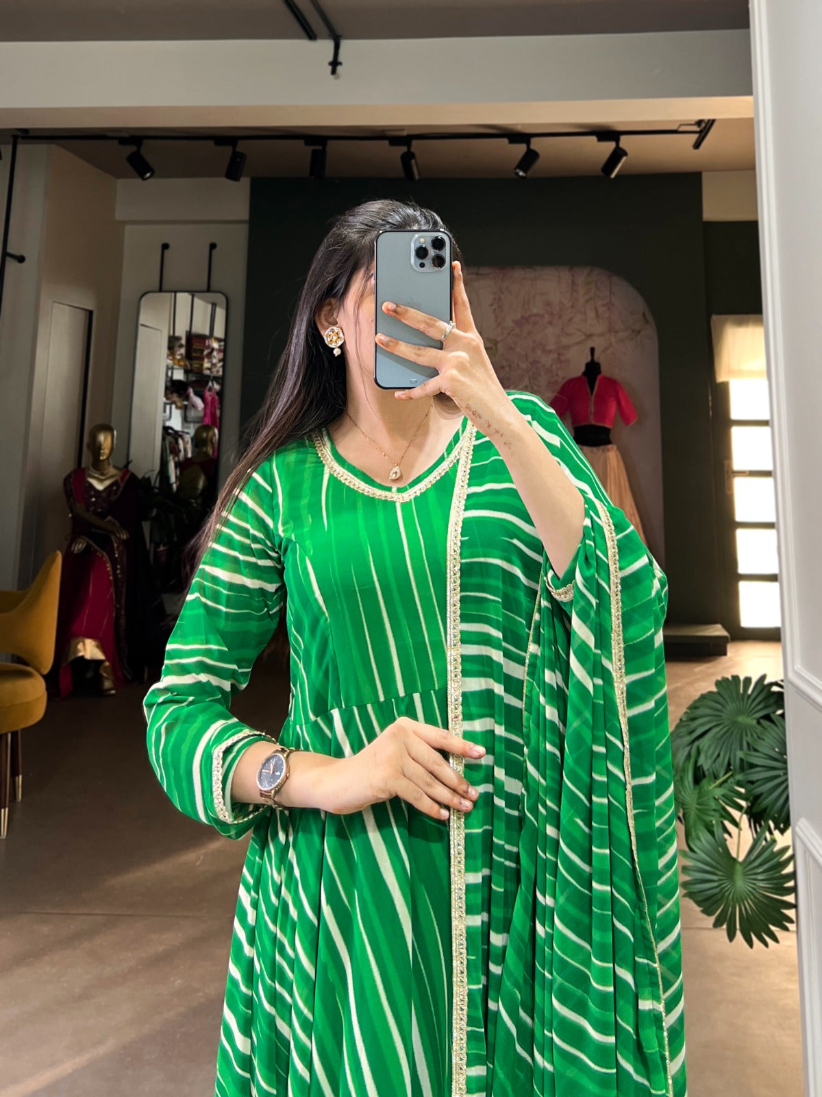 Product Image - Exquisite Leheriya Georgette Gown Set for Festive Wear