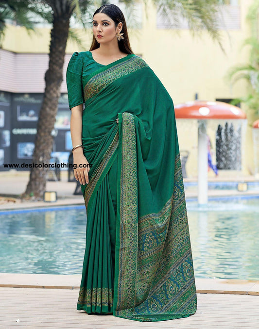 Rama Green Printed Silk Saree