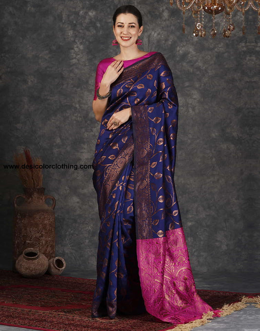 Blue And Pink Banarasi Silk Woven Saree With Tassels