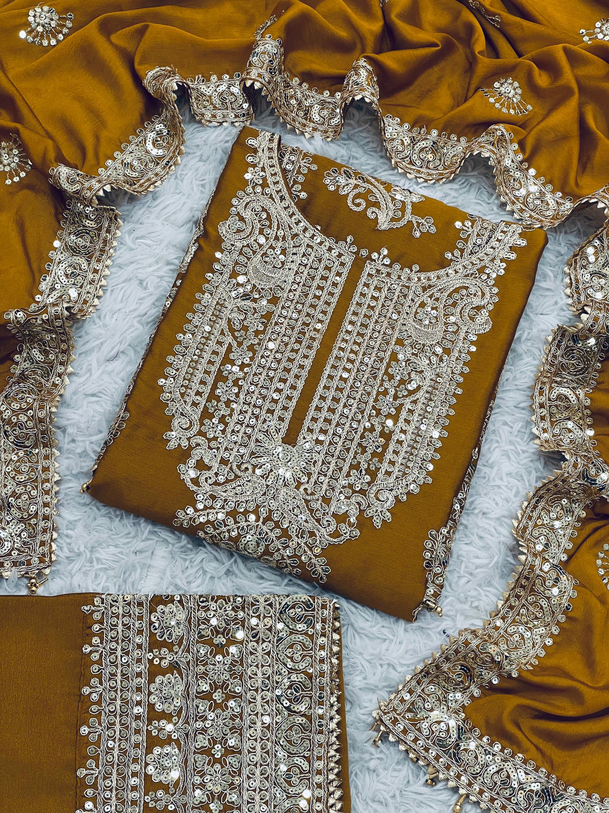Product Image - Designer Georgette Wedding Saree - Pure Chinnon Silk with Heavy Embroidery