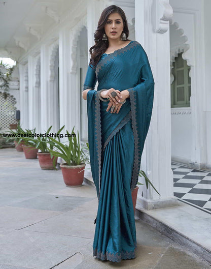 Blue Swarovski Satin Plain Saree