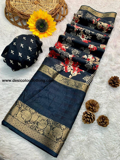 Beautiful Dola Silk Saree with Floral Design and Contrast Weaving
