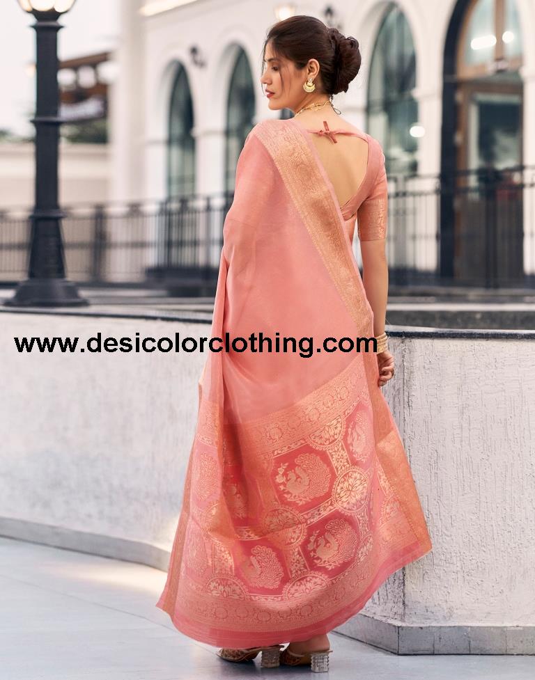Rose Pink Organza Woven Saree