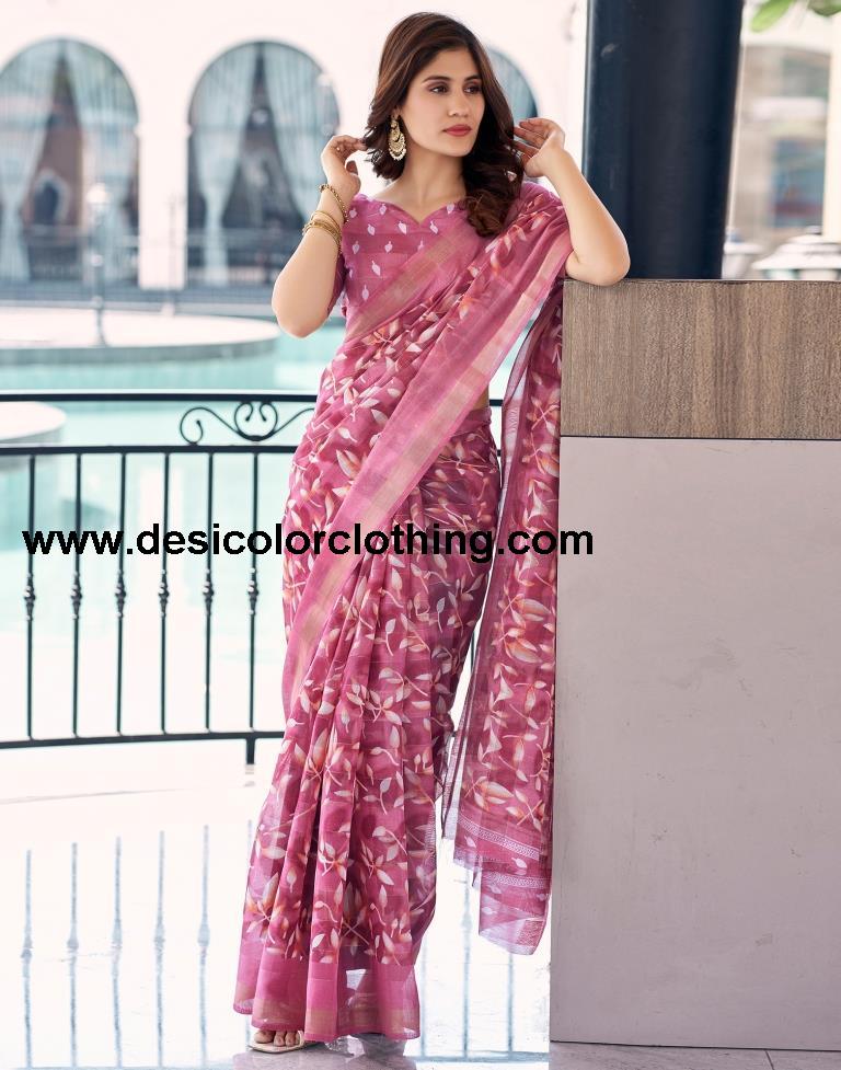 Rose Pink Cotton Printed Saree