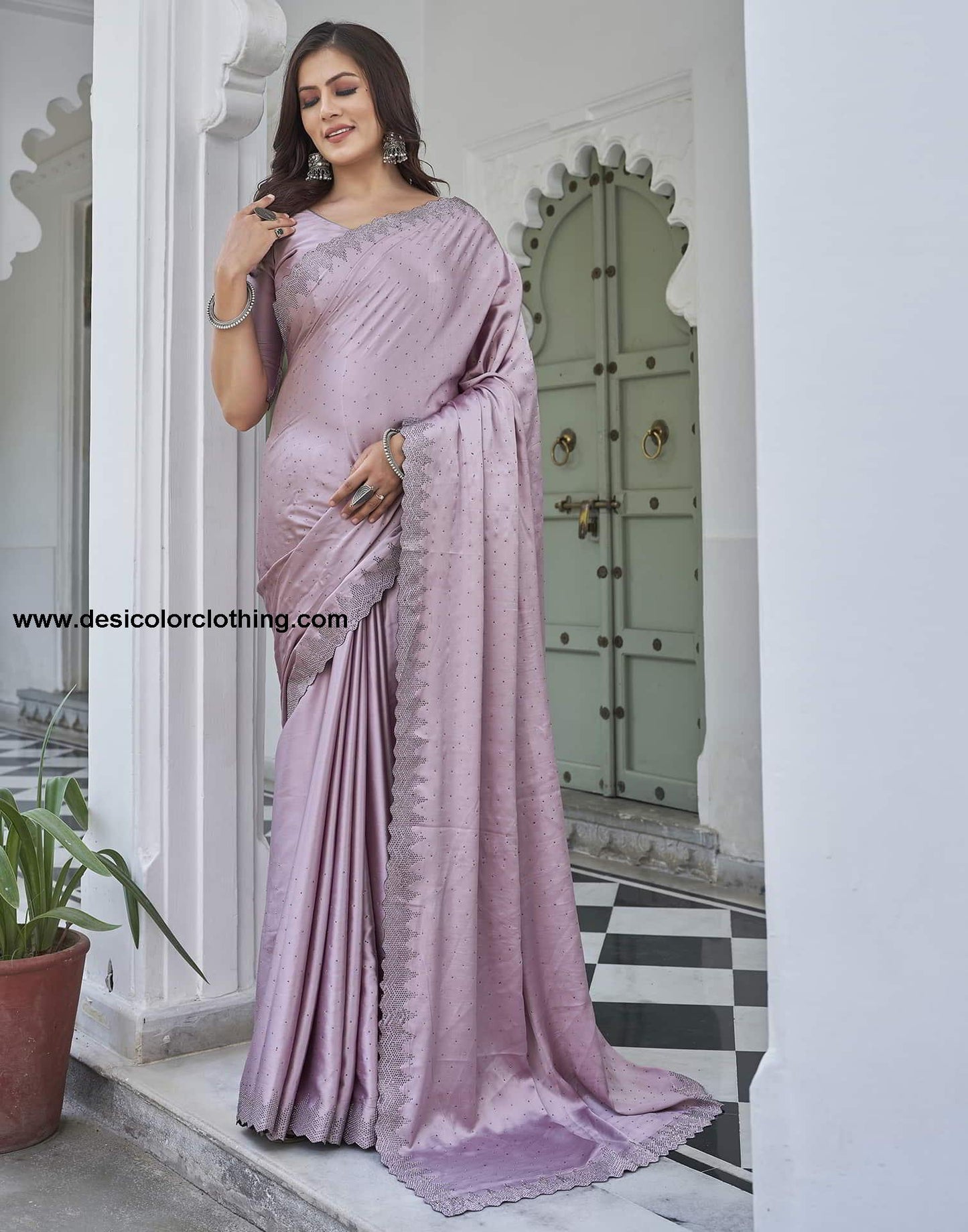 Pink Swarovski Satin Plain Saree