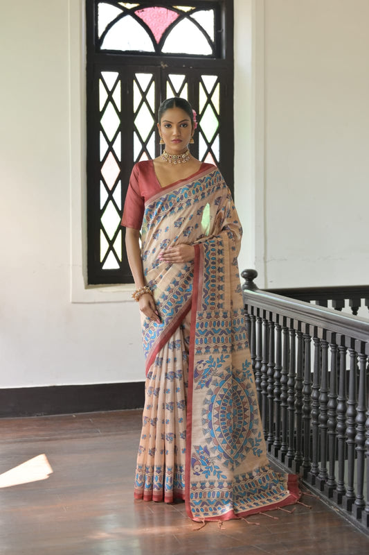 Product Image - Designer Tussar Silk Saree with Madhubani Prints - Festive & Wedding Wear