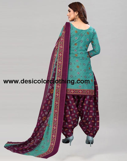 Turquoise Green Printed Cotton Unstitched Salwar Suit Material