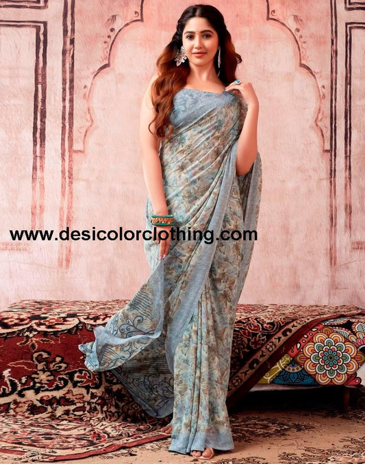 Brown Georgette Printed Sarees