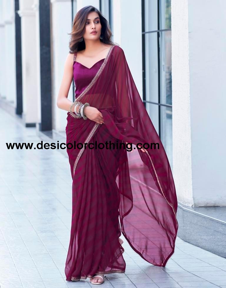 Wine Georgette Printed Saree